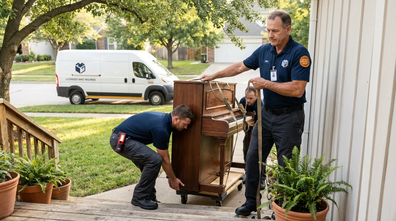 Licensed piano movers securing grand piano in Darby, PA