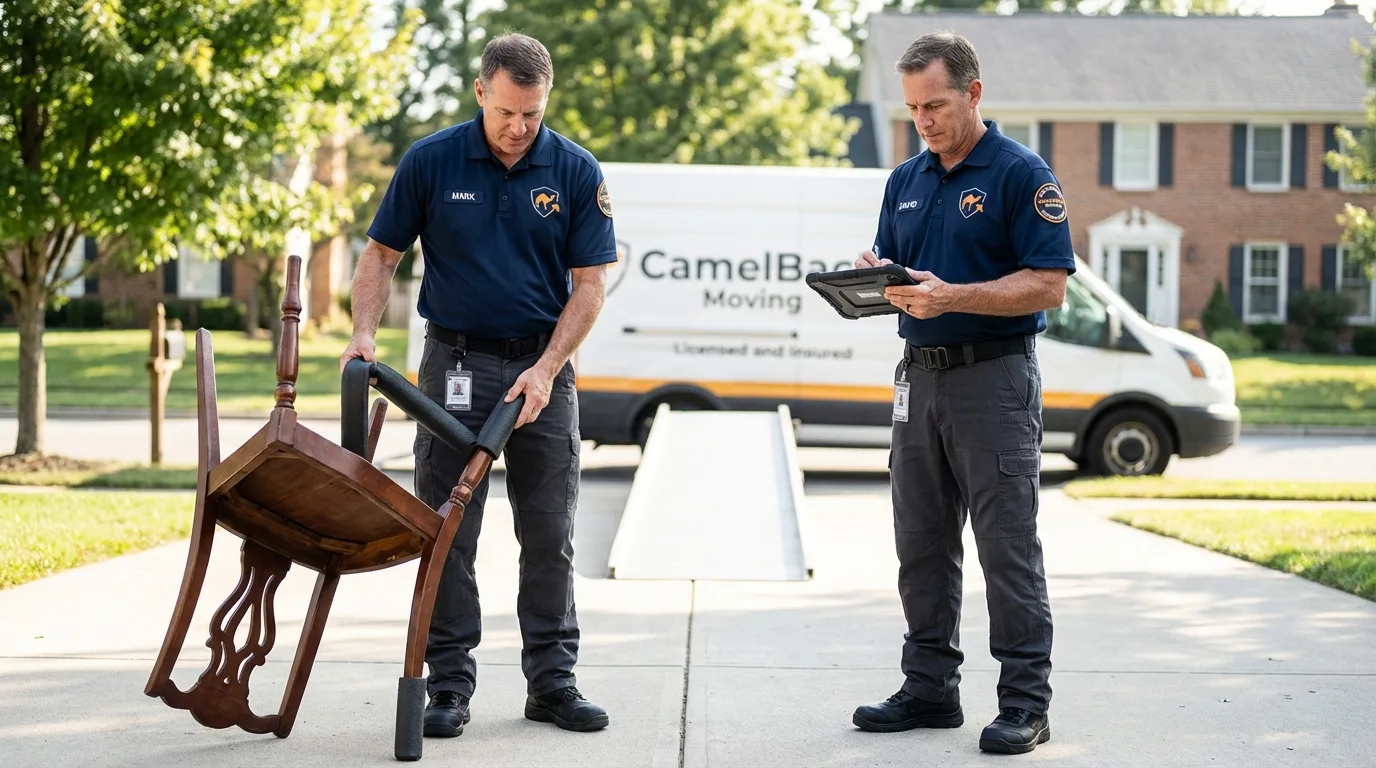 Movers inspecting furniture for damage prevention before loading in Darby, PA