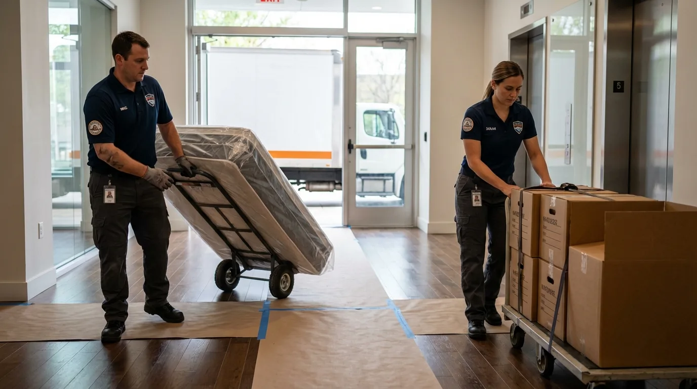 Professional apartment movers loading elevator in Darby, PA